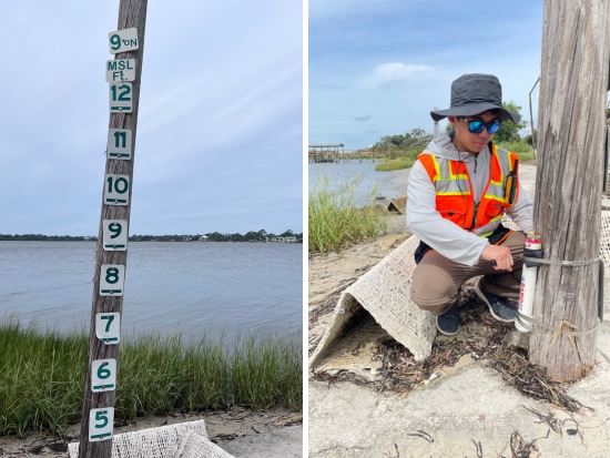 A collage showing a wooden measurement post near water and a person working with equipment at a similar post.