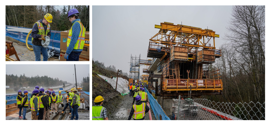 A collage showing three scenes of a construction site: Top left, workers inspect equipment; Bottom left, a group of workers on-site with machinery in the background; Right, a large construction structure surrounded by scaffolding and workers. All wear safety gear.