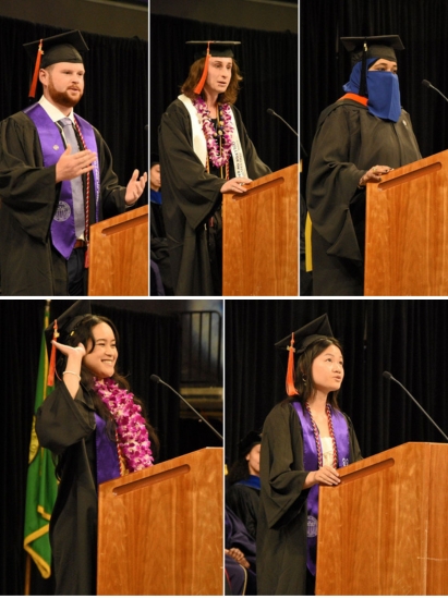 Graduation speakers Maxwell Pearson, Trevor Zalud, Karima Zulfo, Jana Escoton and Nancy Le.