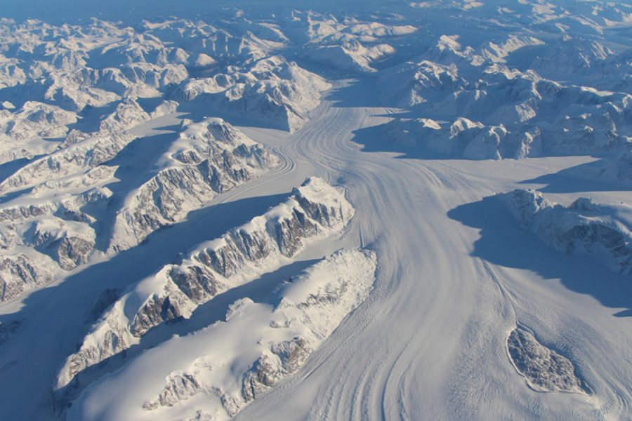 An aerial view of the Heimdal Glacier in southern Greenland.