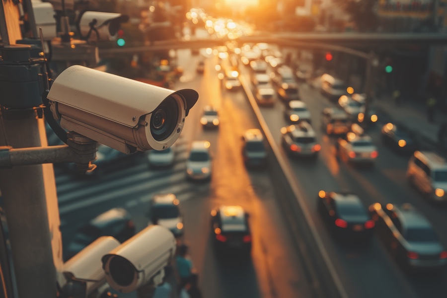 Close-up of a traffic surveillance camera overlooking a busy road with cars in motion during sunset.