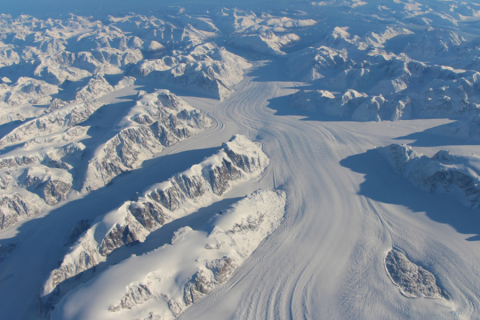 An overhead view of the Heimdal glacier in southeastern Greenland.