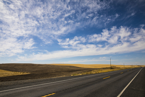 A road in the foreground with rural plains in the background under a blue sky.