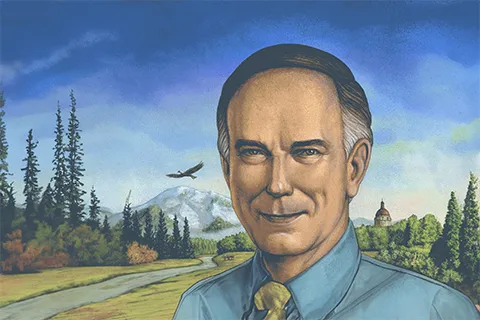 An illustration of Daniel J. Evans in the foreground with a forest and mountain in the background.