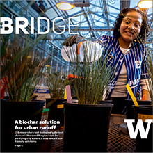 The cover of The Bridge: Spring 2024 shows a female student watering plants in a greenhouse. The cover includes text about biochar solutions for urban runoff