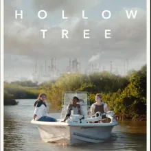 A movie poster for Hollow Tree, featuring three teenagers in a boat traveling through a bayou.