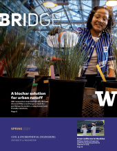 The cover of "The Bridge: Spring 2024" shows a female student watering plants in a greenhouse. The cover includes text about biochar solutions for urban runoff, with an additional article featured below.
