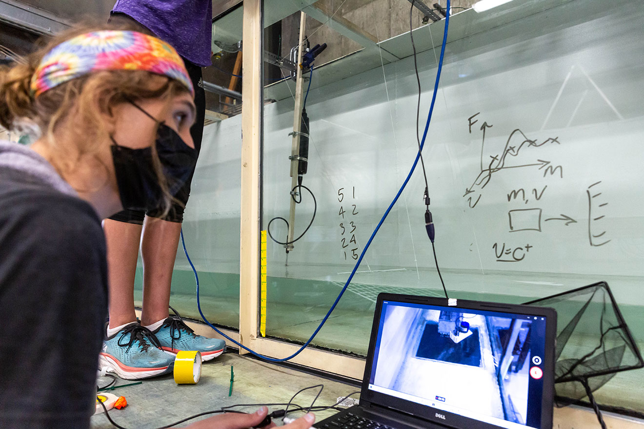 Ph.D. student Nikki Lewis watches video from a laptop