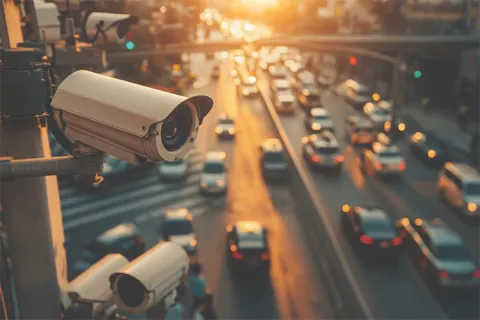 Surveillance cameras overlooking a busy street at sunset